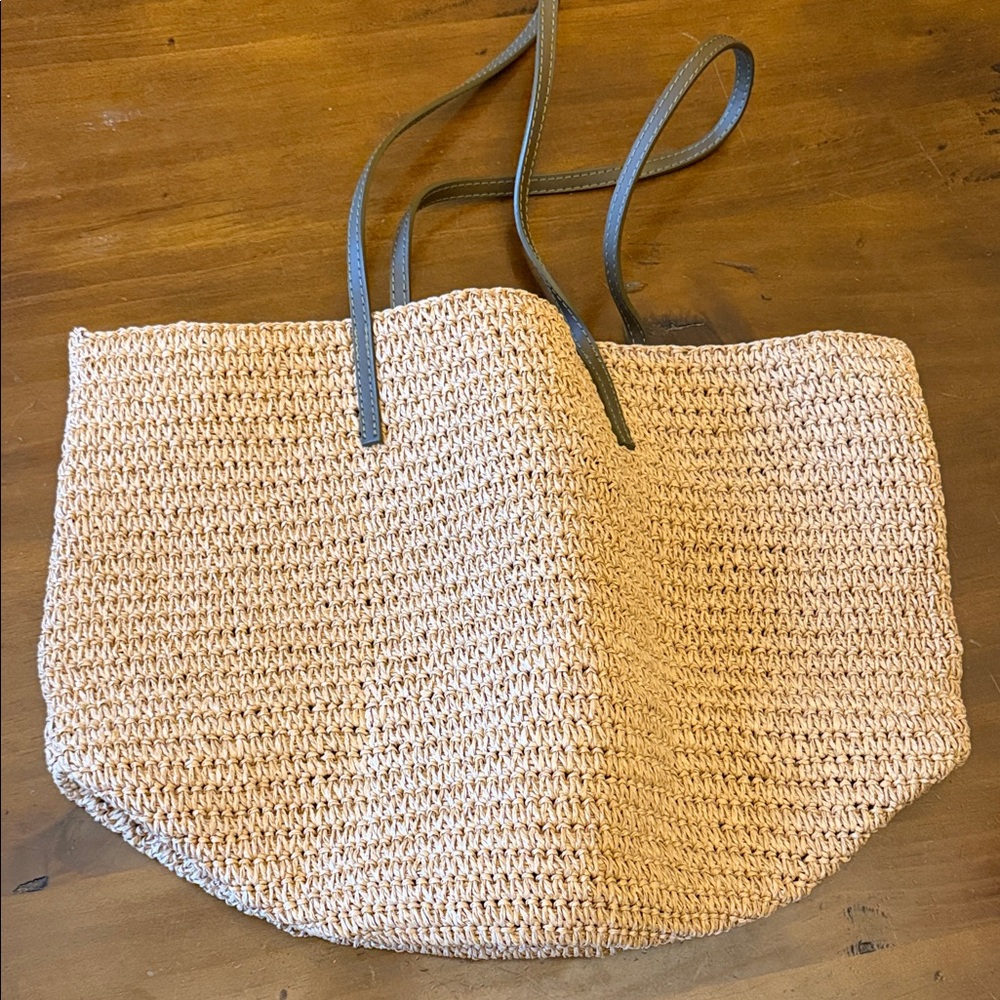 J. Crew Natural Woven Tote with Brown Straps